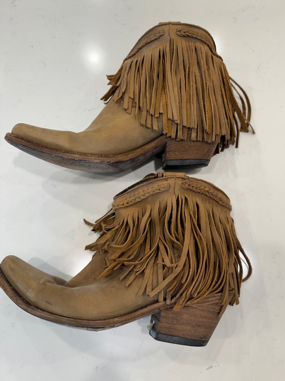 Vintage Tan Suede Fringe Western Cowboy Ankle Boots Boho